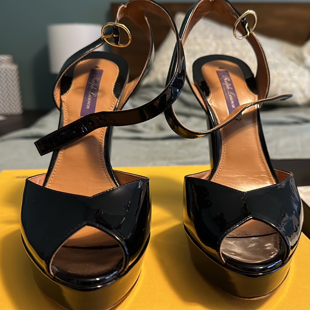 Ralph Lauren blue label navy blue patent leather platform heels. Flawless
